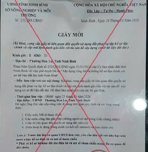 Cảnh báo lừa đảo giả giấy mời phục vụ cấp mã định danh để xây dựng cơ sở dữ liệu đất đai- Ảnh 1. Cảnh báo lừa đảo giả giấy mời phục vụ cấp mã định danh để xây dựng cơ sở dữ liệu đất đai- Ảnh 1.